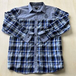 Y2K Red Ape Shirt Mens 2XL Blue Plaid Long Sleeve Button Up Embroidered Crest